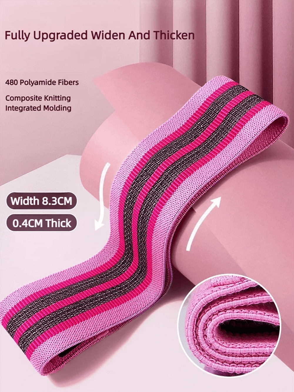 Pink fabric resistance band with non-slip design for glute training, 8.3cm wide, showcasing durability and flexibility for workouts.